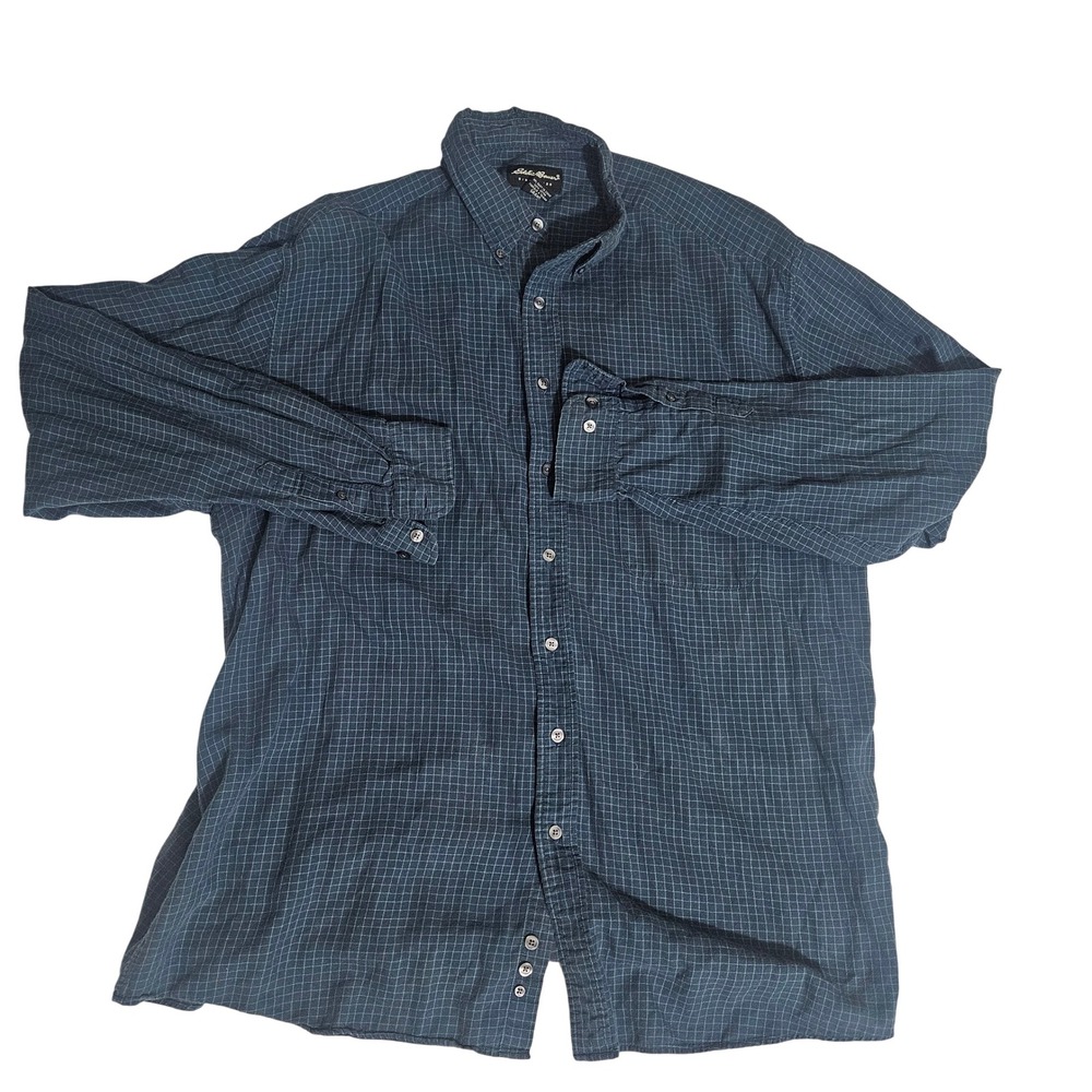 Eddie Bauer Mens XL Tall Blue Green Plaid Grid Cotton Long Sleeve Button Shirt